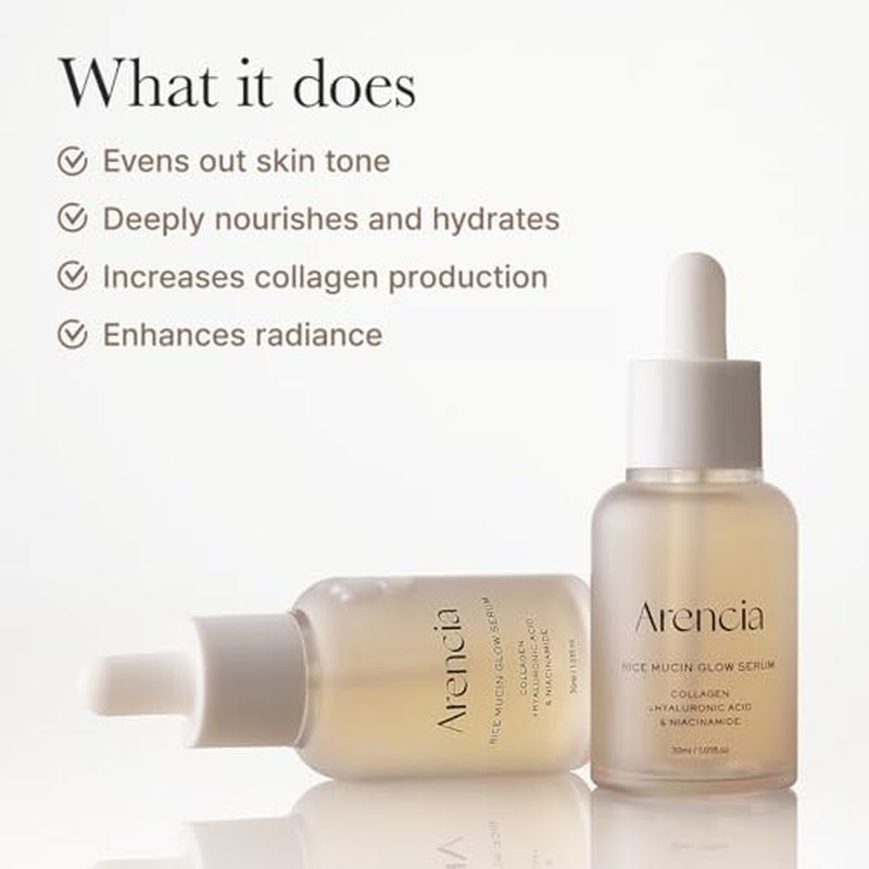 Arencia Rice Mucin Glow Serum, Collagen + Hyaluronic Acid & Niacinamide, 1.01 fl oz