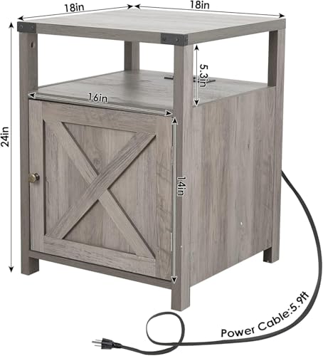 Rustic Grey Farmhouse Nightstand with Charging Station, Storage End Table