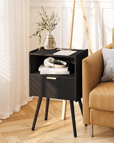 Nightstand with Outlet & Storage Drawer - Black, Modern Bedside Table with Open Shelf - Small Space Accent Table - Black-1
