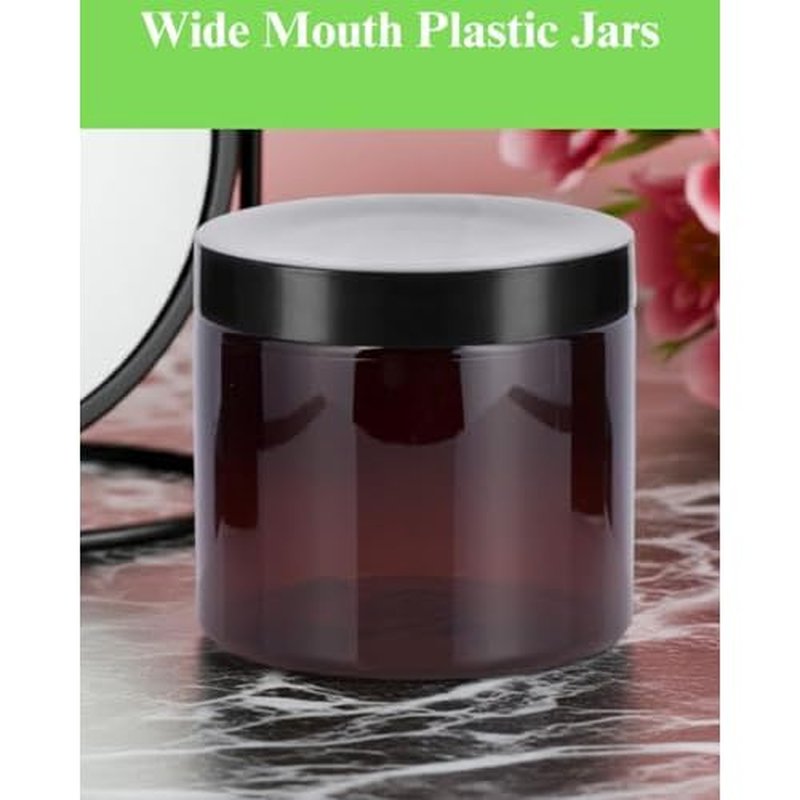 (8 Pack) 16 oz Amber Plastic Wide Mouth Jar with Black Lids