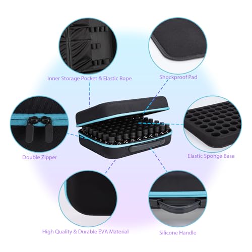 Essential Oils Carrying Case Holds, 70 Grids for 1-3ML Roller Bottles 5ml, 10ml, 15ml Bottles Storage Organizer Bag Hard Shell EVA, Essential Oil Bag with Labels & Bottle Opener & Plastic Droppers