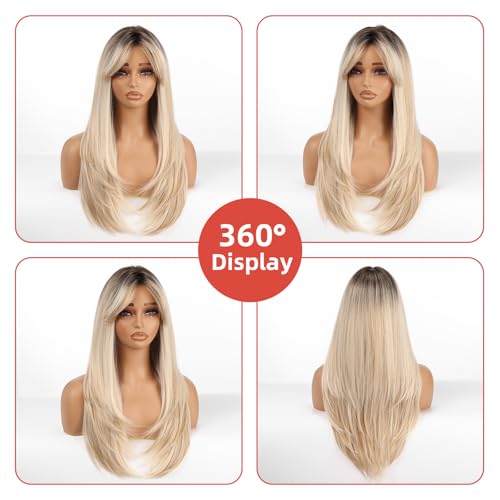 Allbell Ombre Blonde Long Straight Layered Wig 24 Inch Natural Look Synthetic Heat-Resistant for Women - Middle Part