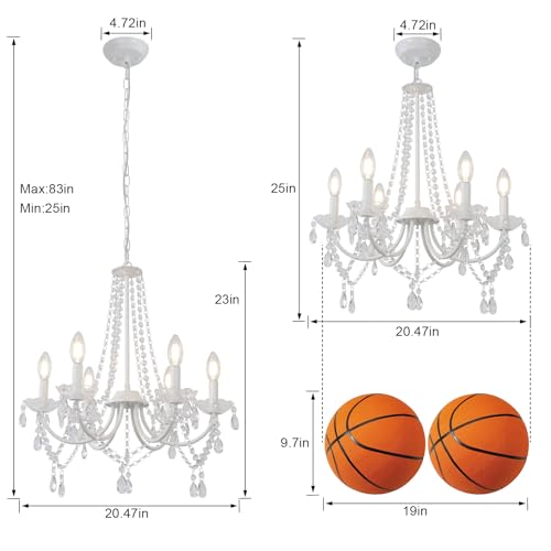 LynPon White Crystal Chandelier with 6 Lights - Adjustable 59" Chain, E12 Bulbs Included for Bedroom, Dining Room, Living Room