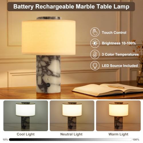 Calacatta Viola Marble Cordless Dimmable Table Lamp - Touch Control, 4000mAh