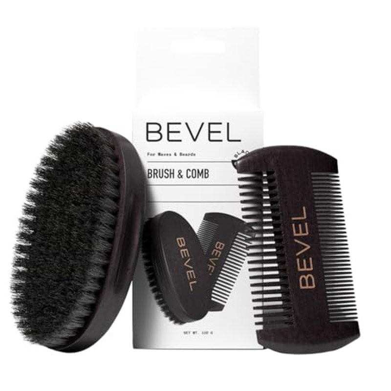 Bevel Beard Brush and Comb Set for Men ? Natural Boar Bristle Brush & Pearwood Comb with Travel Pouch ? Beard Grooming Kit for Shaping, Soften & Detangling Mustaches