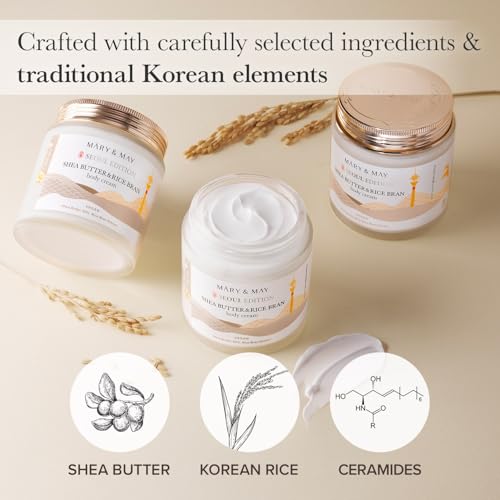 Mary&May SEOUL EDITION Shea Butter & Rice Bran Body Cream - Korean Vegan Boby Moisturizer for Dry and Sensitive Skin with Ceramide - Fragrance Free Body Butter, 8.45oz.
