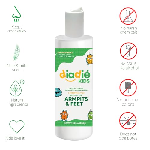 Kids Natural Castile Liquid Body Odor Soap/Wash, For Armpits, Boys or Girls, Made With 5 Essential Oils, 8.81 oz each, 2 Pack