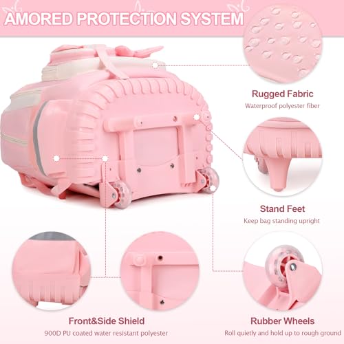 Girls Rolling Backpack with Wheels - Beige Pink School Bag Set with Lunch & Pencil Case