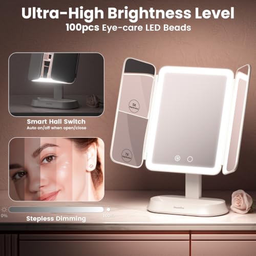 Pearly White Makeup Mirror with Lights and 7X/5X/1X Magnification - Detachable, Portable Vanity Mirror