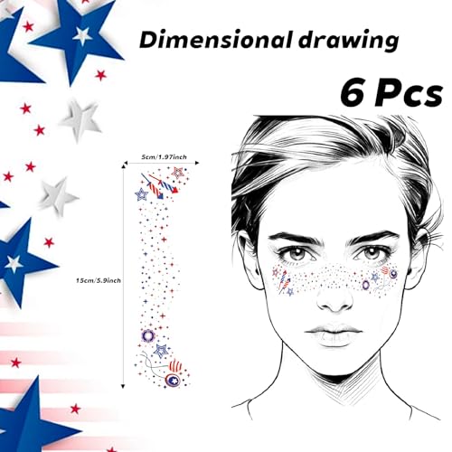 6-Pack Glitter Freckles 4th of July Face Tattoo Sparkle Star Freckles Makeup Patches for Face Rave Accessories