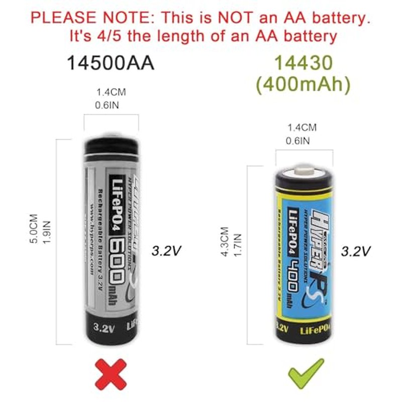 12 Pack 3.2V LiFePo4 14430 (14 x 43mm) 400mAh Rechargeable Battery for Solar Panel Light, Tooth Brush, Shaver, Flashlight