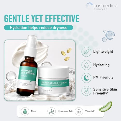 Cosmedica Retinol Serum 2.5% & Anti-Aging Cream Set - Skin Brightening, Wrinkle & Spot Treatment