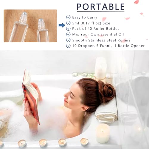 wifreo 40 Pcs 5 ml Glass Roll On Bottle for Essential Oils, Clear Perfume Sample Bottles with Stainless Steel Roller Ball, Portable Practical