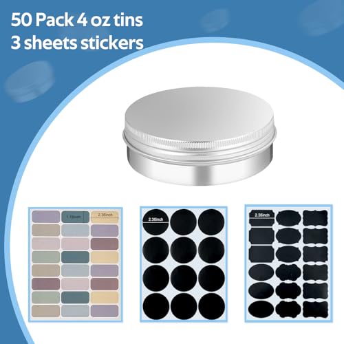 YQ 4 oz Round Aluminum Tin Cans with Lids 50 Pack - Reusable Cosmetic & Spice Containers
