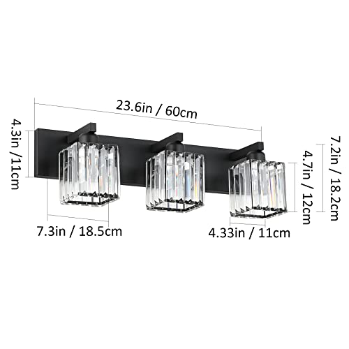 Black Vanity Light Fixture 3-Light Crystal Modern Bathroom Wall Sconce - 23 Inch