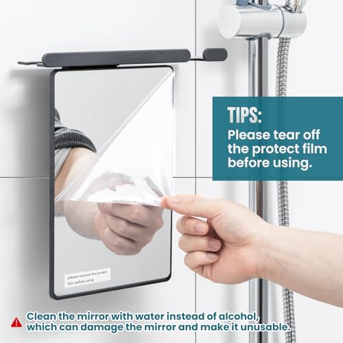 Fogless Shower Mirror with Suction Mount and Storage Rack - Grey, Rectangular, 10.1"L x 9.8"W