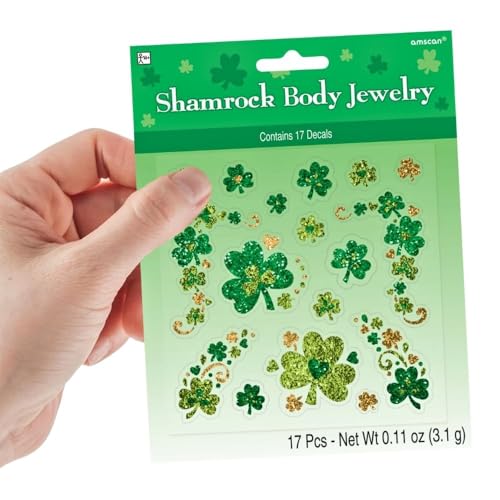 Shamrock Glitter Body Jewelry - 7.75" x 6" (Pack of 1) - St. Patrick's Day Celebration with Assorted Non-Toxic Designs - Sparkle in Parades, Parties & More