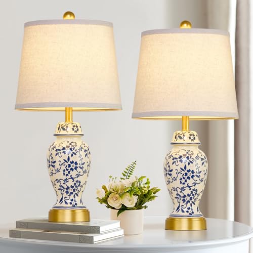 Modern Chinoiserie Ceramic Bedside Table Lamps Set of 2 - Blue Pattern