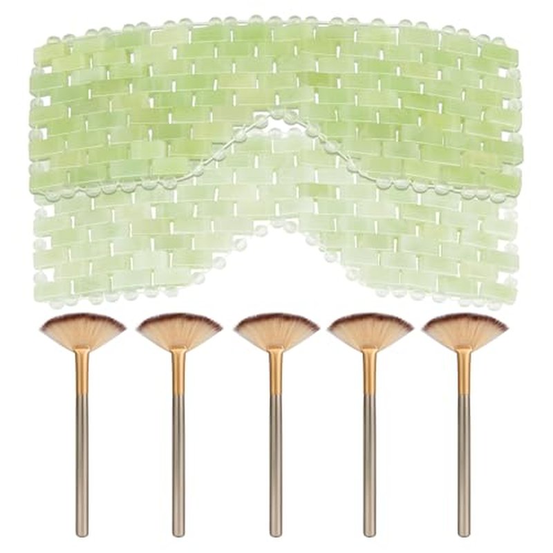 2Pcs Jade Eye Mask & 5 Pieces Facial Fan Mask Brush, Jade Facial Cooling Mask and Brushes Tools Kit for Mud Cream Home Spa/Travel - Relieve Puffiness, Anti-Aging Beauty Supplies