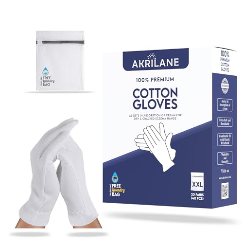 Extra Extra Large Cotton Moisturizing Gloves for Dry Skin & Eczema - 20 Pairs, Night Treatment, Spa-Style Care (Regular) - Includes Laundry Bag