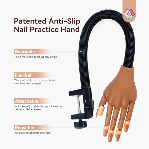A2-2025 Practice Hand for Acrylic Nails with 200 Nail Tips & Tools - Anti-Slip & Flexible Nail Art Kit