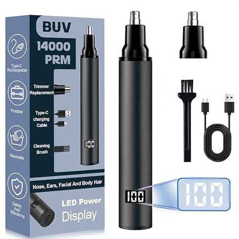 BUV Nose Hair Trimmer with LED Display- 2025 Professional Painless Ear Hair Trimmers for Men and Women, USB Rechargeable Nose Hair Trimmer Clipper ? 14,000 RPM IPX7 Waterproof Dual Edge Blades, Black