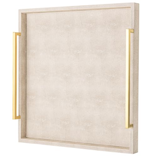 Ivory Large Ottoman Tray for Coffee Table with Gold Handles - 20x20x3 inches