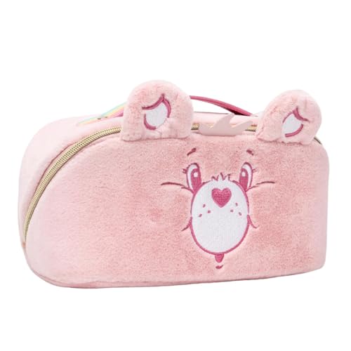 Impressions Vanity Care Bears Cheer Bear Unfold Travel Makeup Bag Organizer, Opens Flat Zippered Cosmetic Bag with Cozy Teddy Fur, Artwork Lined Interior, 3 Inner Pockets, and Top Handle in Rainbow