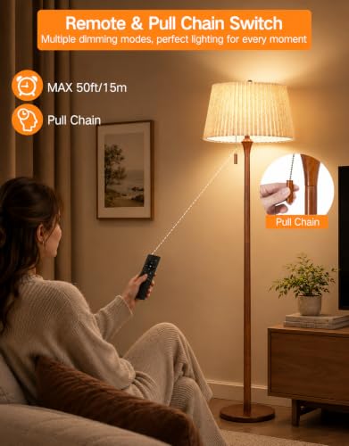 OUTON Walnut Wood Farmhouse Floor Lamp with Remote Dimmable & Dual Shades