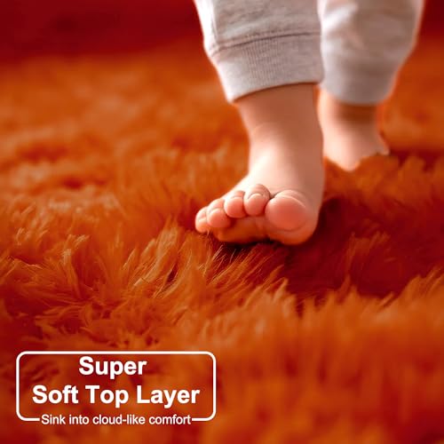 Amdrebio Large Burnt Orange Round Rug 8ft - Soft Plush Kid & Living Room Decor