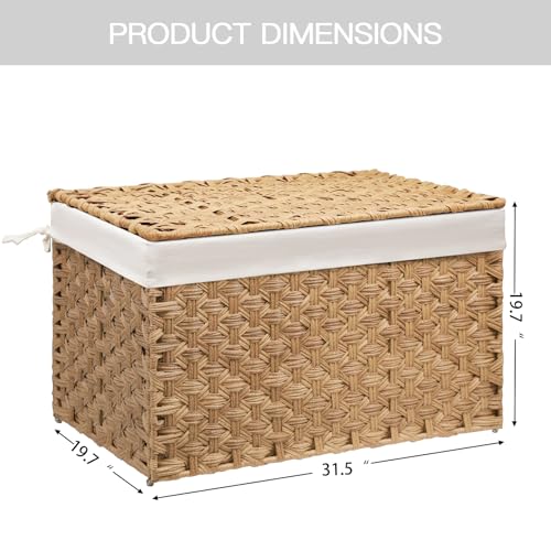 Large Wicker Storage Basket with Lid - 200L Natural Handwoven Organization Bin (31.5x19.7x19.7 Inches)