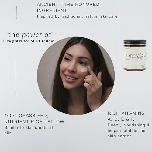 Clarity Glow Grass Fed Beef Tallow Moisturizer for Face & Body ? Whipped Tallow Body Butter for Dry, Sensitive Skin ? Natural Anti Aging Cream ? 2 oz