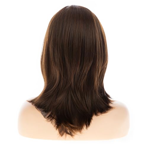 Wiwige Brown Long Straight Layered Wig with Bangs Synthetic Heat-Resistant for Women