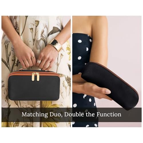 ALEXTINA Travel Makeup Bag, Large Capacity Cosmetic Bags for Women, 2Pcs Makeup Organizer Bag, Wide Open Flat Portable Pounch with Dividers, Waterproof Toiletry Bag for Women (Brown and Black)