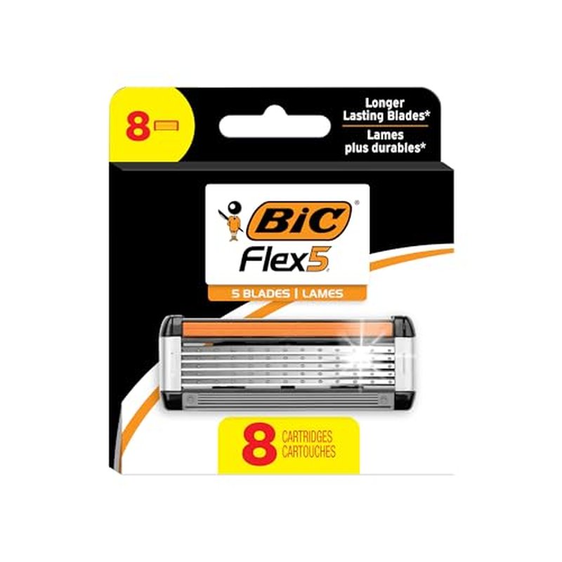 BIC Flex 5 Refillable Razors for Men, Long-Lasting 5 Blade Razors Refills for a Smooth and Comfortable Shave, 8 Razor Cartridges