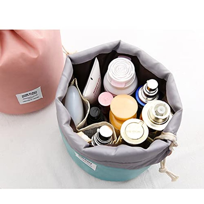 INVODA Cosmetic Bags Drawstring Barrel Makeup Bag,Women&Girls Portable Foldable Cases Multifunctional Toiletry Bucket Bags Travel Makeup Organizer Storage Pocket Soft Collapsible (4PCS+Coin Bag