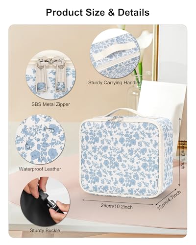 Blue Flower Travel Makeup Bag with LED Mirror & Dividers - Small