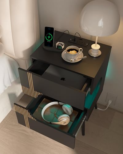 Black Nightstand with Charging Station & LED Lights, Modern Bedside Table with 2 Drawers