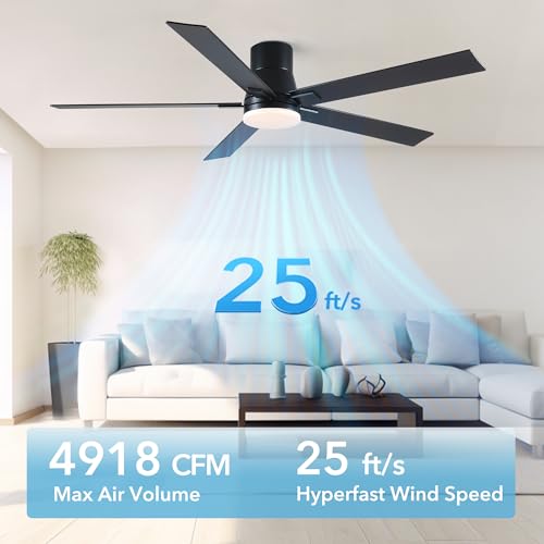 Rayqueen 60 Inch Flush Mount Ceiling Fan with Lights & Remote - Black / 60 Inch