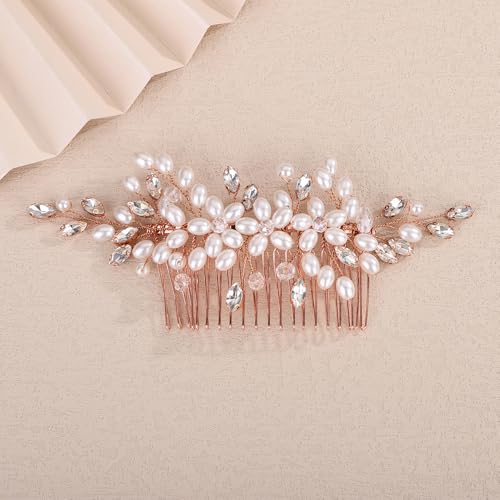 Teyglen Rose Gold Wedding Pearl Hair Comb Bride Crystal Headpiece Handmade Pearl Rhinestone Beads Hair Comb Wedding Hair Accessories for Women Hair Piece (Rose gold)