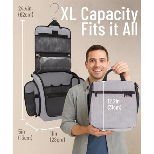 D&D Hanging Travel Toiletry Bag for Men and Women - Extra Large Hanging Shower Bag and Toiletries Organizer Kit with 10 Compartments, Quality Zippers, XXL Metal Swivel Hook, Water-Resistant Nylon