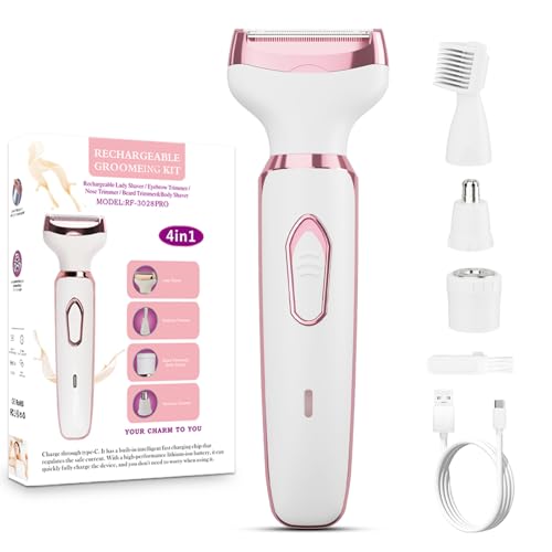 Women's Electric Razor Bikini Trimmer, 4-in-1 Cordless Shaver for Face, Legs, Underarms, Pubic Hair ? Wet/Dry Use, Painless Hair Removal