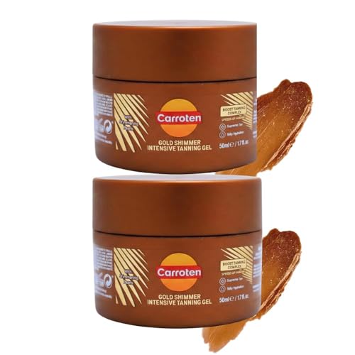 Carroten Mini Shimmer Gold Tanning Gels | Travel Size Tan Accelerator & Body Bronzer | Non-Greasy Water-Resistant with Carrot & Coconut Oil | Vitamin A & E For Moisture & Hydration | 1.7 oz (2 Pack)