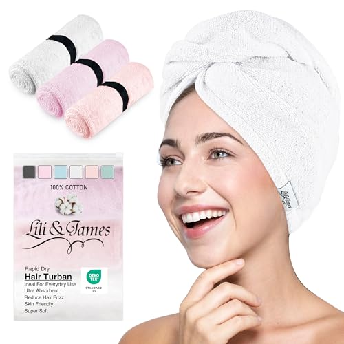 Cotton Hair Towel Wrap for Women & Kids - Pack of 3 - White Pink Lilac