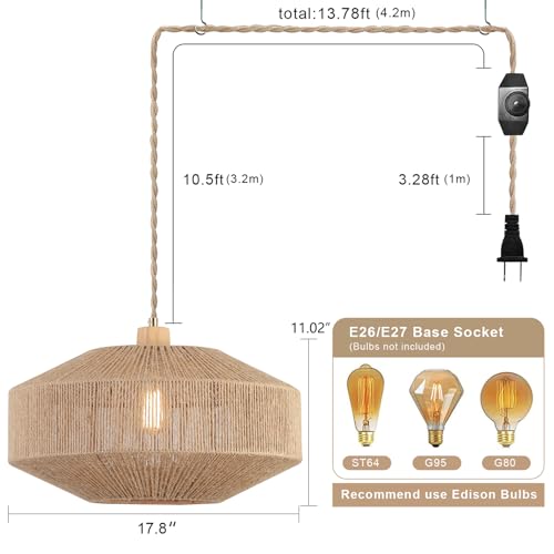 Plug-in Coastal Woven Pendant Light with 14ft Handmade Rope Cord - Dimmable Farmhouse Hanging Lamp for Kitchen Island & Living Room - Variation 2