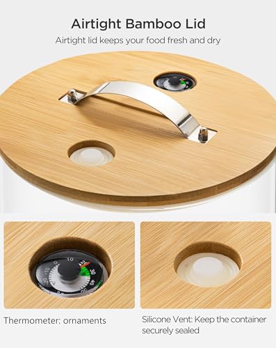 HBlife 5L Glass Rice Dispenser with Wooden Stand, Airtight Bamboo Lid & Measuring Cup