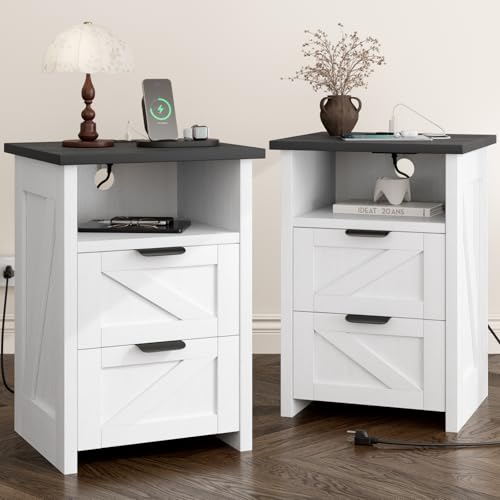 White Farmhouse Nightstand Set of 2 with Charging Station & Storage