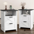 White Farmhouse Nightstand Set of 2 with Charging Station & Storage