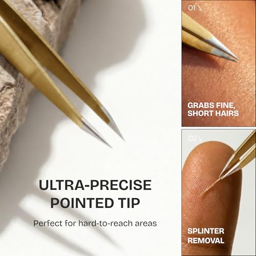 Gold Tweezers Set with Case - Professional Slant & Point Precision Tweezers for Eyebrows & Facial Grooming - Matte Gold Variation
