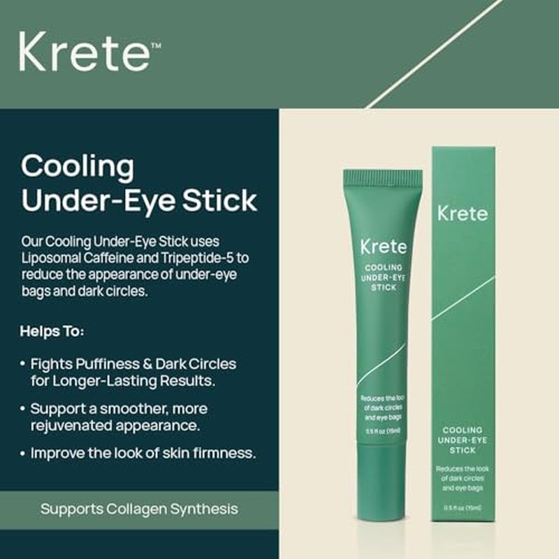 KRETE Cooling Under-Eye Stick with Liposomal Caffeine and Tripeptide-5 - Helps with Dark Circles and Puffiness, Vegan & Cruelty-Free, 15ml